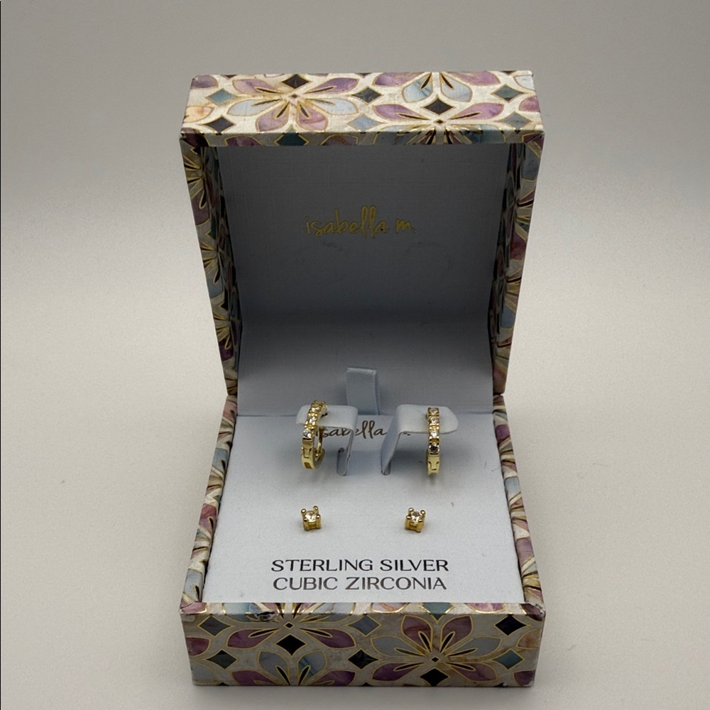 Isabella M Sterling Silver Gold ToneCubic Zirconia Hoop & Stud Earring Gift Set